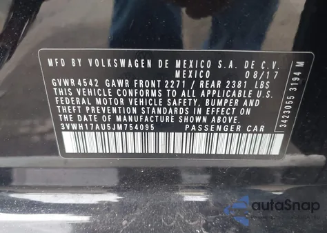 2018 Volkswagen Golf Alltrack Tsi S/Tsi Se/Tsi Sel из США, поврежденный, VIN 3VWH17AU5JM754095